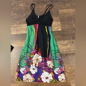 Kiwi Black Floral A-Line Sundress with Green & Multicolor Skirt